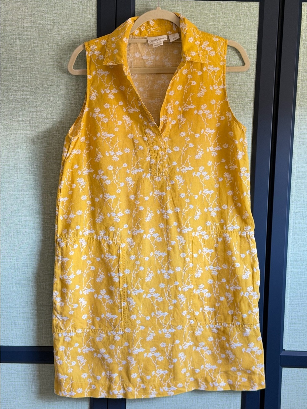 Cynthia Rowley 100% Linen Collared Sunshine Yellow Floral Shift Dress, Size 10